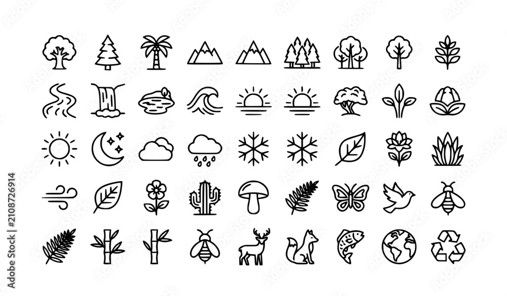 Obraz premium Nature Line Art Icon Set with Trees Mountains Wildlife and Eco Outline Symbols