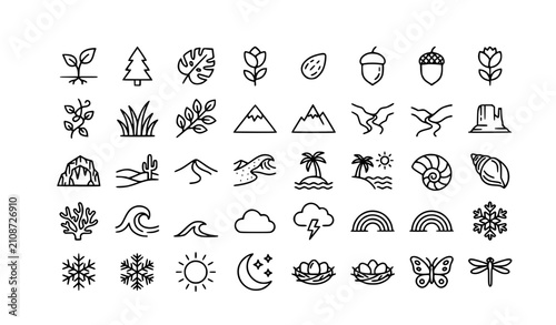 Botanical and Landscape Outline Icon Collection with Natural Environment Line Art