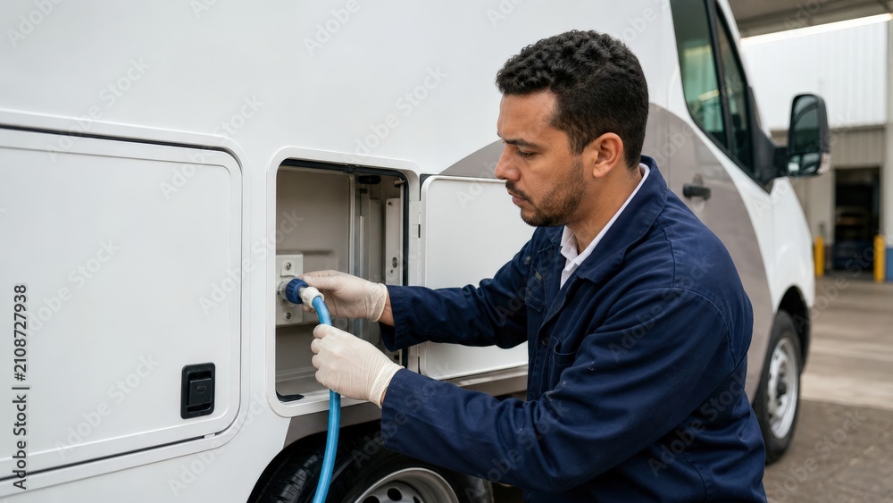 Fototapeta premium Mobile Dental Clinic Water Connection Maintenance Check