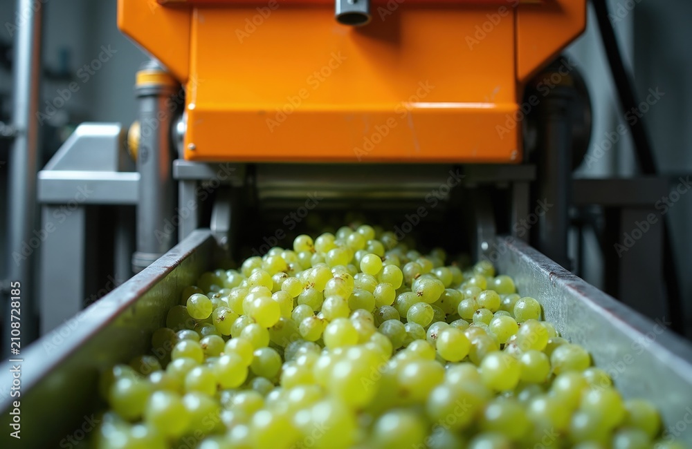 Obraz premium Fresh white grapes move on conveyor belt into crushing machine at winery. Grapes are processed for juice and fermentation. Harvest season winemaking production.