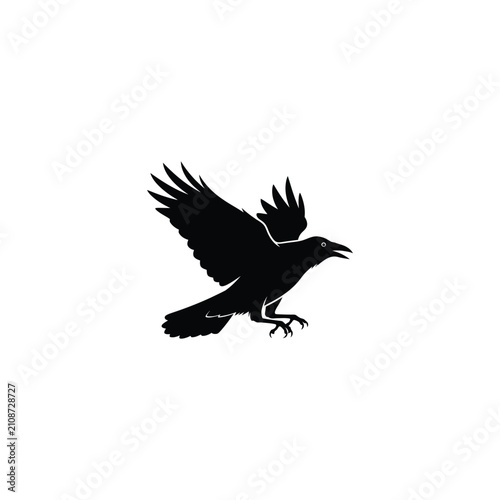 Black raven crow flying vector silhouette icon. Stylized bird mascot with spread wings and open beak. Dramatic wildlife nature illustration isolated on white background for logo design.