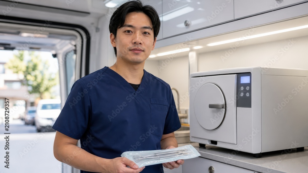 Obraz premium Mobile Dental Clinic Assistant Holding a Sterile Pouch