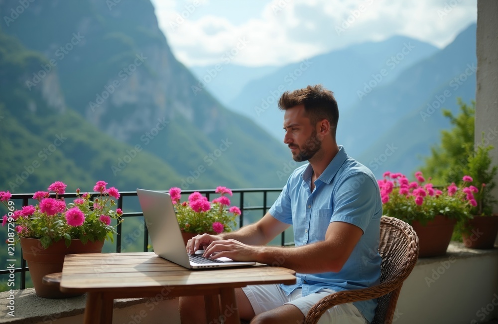 Obraz premium Man works on laptop on balcony with mountain backdrop. Pink flowers bloom nearby. He is dressed in casual summer attire, enjoying a remote work setup. Scenic view inspires productivity and relaxation.