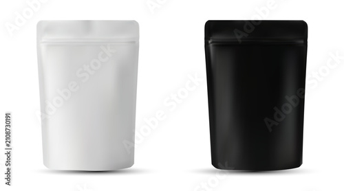 Minimalist stand-up pouch mockup set, white and black plastic doy pack vector, 2 realistic food packaging bags for branding