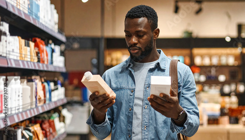 Choosing products: A man in a retail store carefully examines two items, comparing them before making a purchase decision.