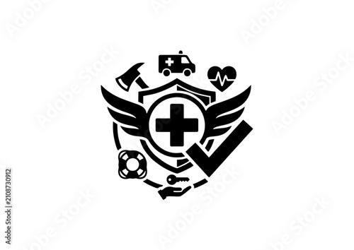 Black Emergency Medical Services Icon Set Vector Isolated on White Background, Rescue Healthcare First Aid Symbol Collection 
