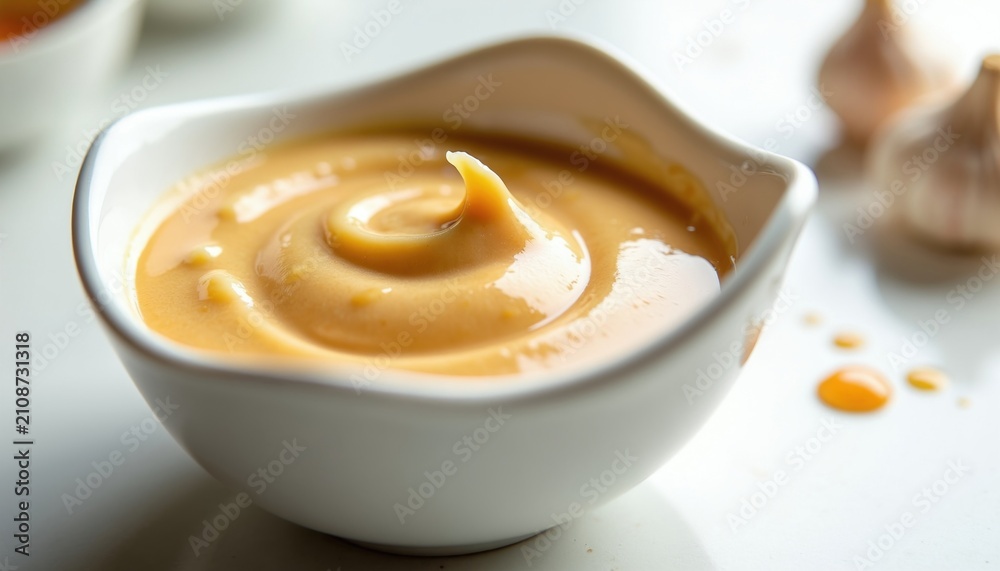 Obraz premium Creamy garlic soy sauce swirl in white dipping bowl. Garlic bulbs in background. Sauce drips on clean white table. Culinary presentation with smooth liquid.