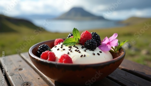 Creamy skyr cheese dessert with fresh berries and mint in rustic bowl. Icelandic landscape backdrop with green hills and calm blue water. Healthy breakfast or snack.