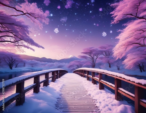 snowflakes kiss an ethereal bridge under a lavender twilight whispering solstice secrets and invoking japanese yuki matsuri dreams