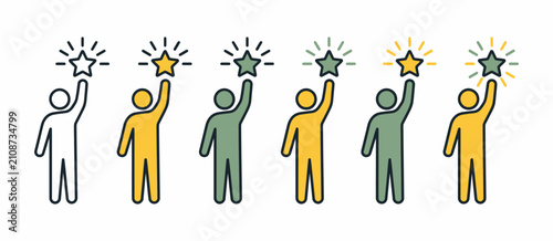 Photos Row of stick figures holding up stars in yellow and green colors representing ac