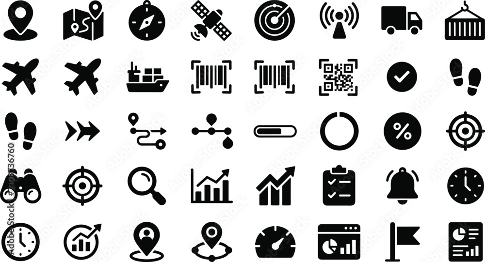 Fototapeta premium Logistics and Supply Chain Icon Set with Shipping Delivery Location Tracking Analytics and Warehouse Distribution Symbols for Apps Websites and Digital Graphic Designs