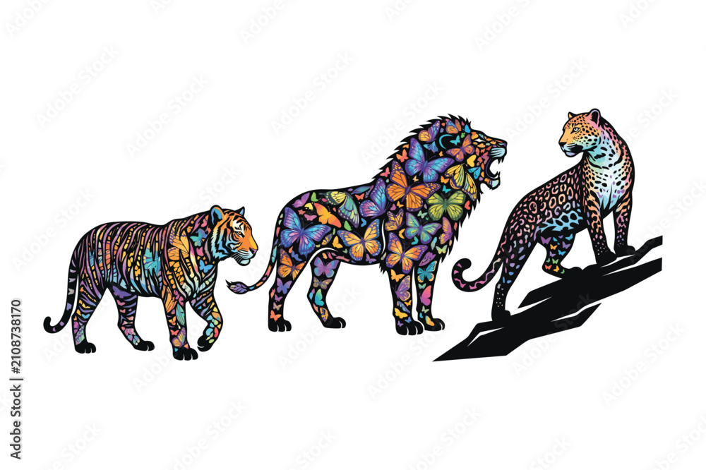 Fototapeta premium Abstract wild cats decorated with colorful butterflies wildlife butterflies