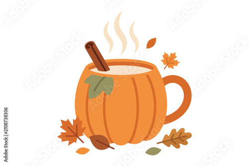 Pumpkin spice latte in decorated mug with autumn leaves beverage seasonal cinnamon