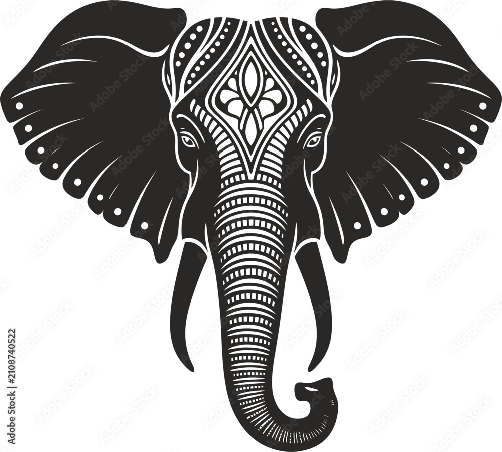 Obraz premium Ornamental elephant head illustration with intricate tribal patterns in a bold black and white graphic art style