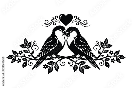 Fotografi Two lovebirds perched on flowering branch under heart symbol vector illustration