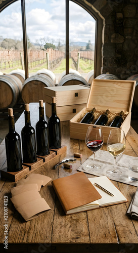 Wine bottles and glasses in a vineyard cellar. Tasting room with wooden crates and logs.