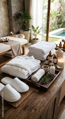 Spa treatment supplies on wooden table. White towels and bathrobe for luxury wellness.