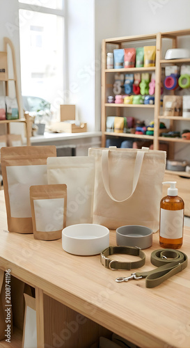 Pet shop supplies on wooden table. Eco friendly pet accessories and organic food packaging.