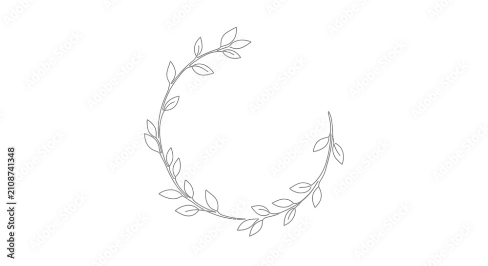 Obraz premium Leaf and branch wreath gray line drawing on white background