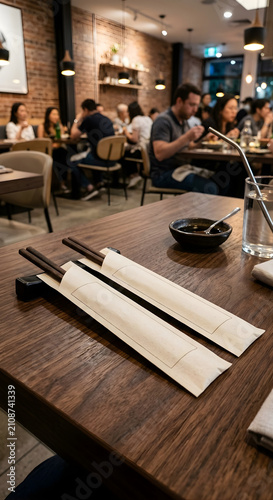 Chopsticks on a table in a restaurant. Asian dining setting with blurred people background.