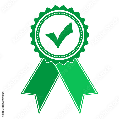 Illustration of a green award ribbon with a check mark icon on a white background