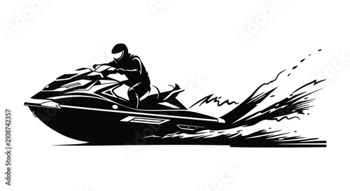 Foto Jet ski with rider in motion black and white silhouette