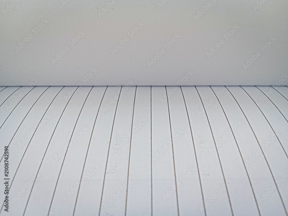 Fototapeta premium Close up macro view of empty lined notebook page with perspective lines and blank white copy space for text