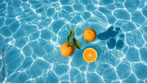 Fresh oranges floating on rippling blue pool water