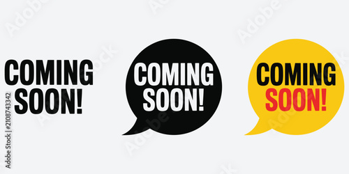 Fotografía Promotional coming soon label set with round sticker badge, ribbon paper banner, and new arrival marketing release emblem