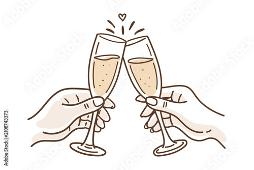 Cheers or drinking toast drawing. glass of red wine. Birthday party or bachelorette celebration with friends. Wine, champagne, prosecco, sangria cocktail vector cartoon illustration