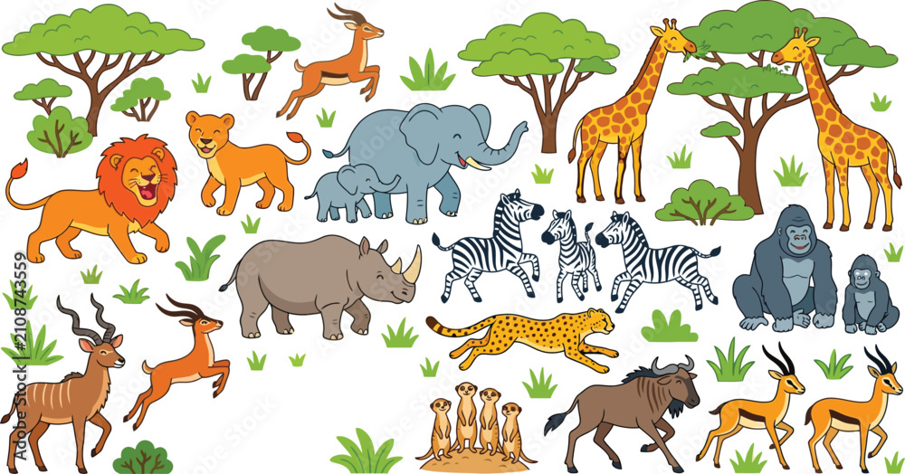 Fototapeta premium Colorful african safari animals illustration with trees and foliage for children's decor