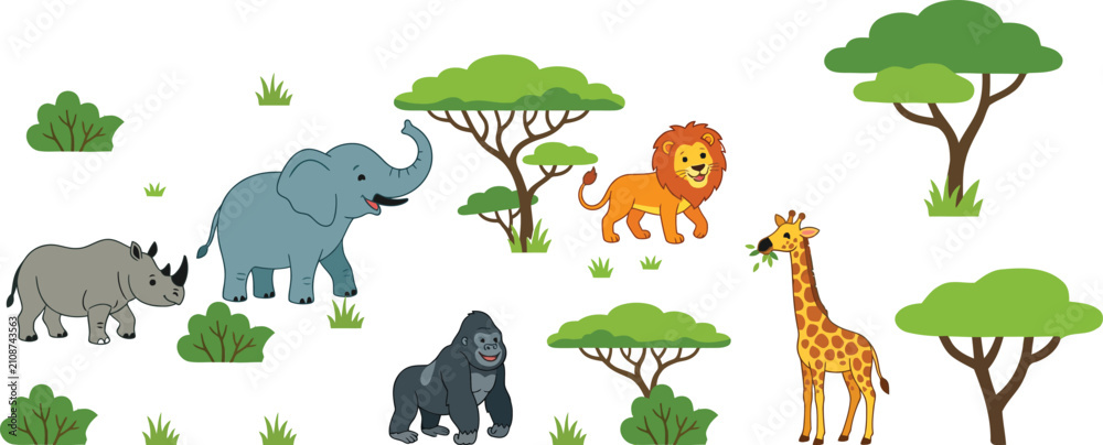 Obraz premium Charming safari animals illustration elephant rhino giraffe lion and gorilla in a cartoon style