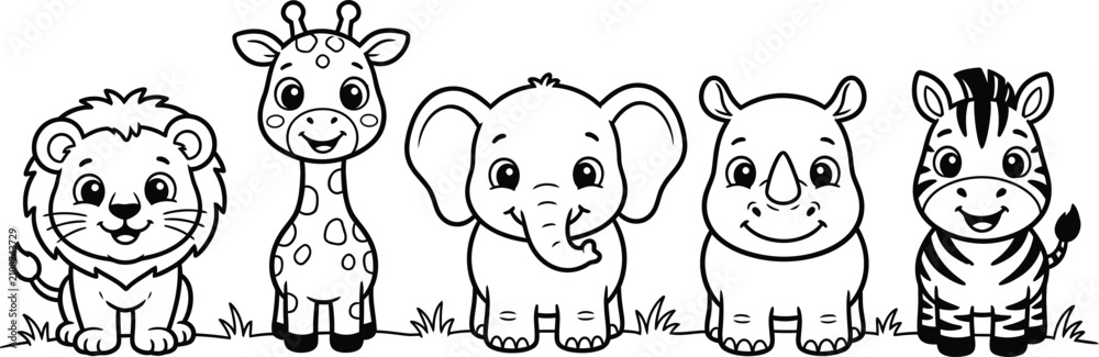 Obraz premium Charming cartoon safari animals lineup lion giraffe elephant rhino and zebra illustration