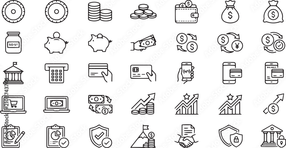 Fototapeta premium Coins icons. Money, finance, payments and savings thin line icon set for free