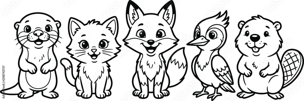 Fototapeta premium Charming cartoon animal collection otter cat fox bird and beaver line art illustration