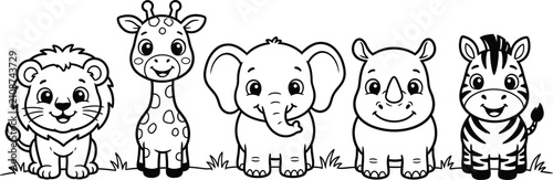 Fotografie Charming cartoon safari animals lineup lion giraffe elephant rhino and zebra ill