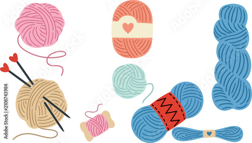 Foto Knitting yarn balls and wool skeins vector set, colorful crochet thread supplies