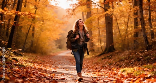 woman traveling and exploring nature on an autumn day.
