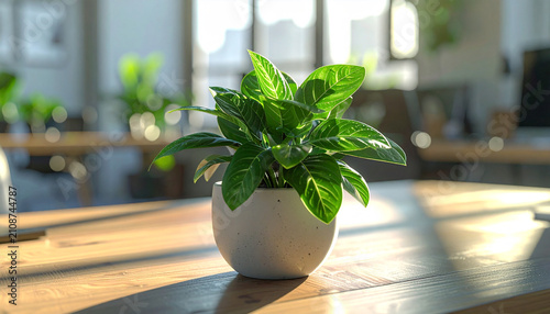 Office Plant Vitality: A lush green potted plant thrives on a wooden desk, bathed in the soft, diffused light of a sunlit office, bringing a touch of nature and tranquility to the workspace.