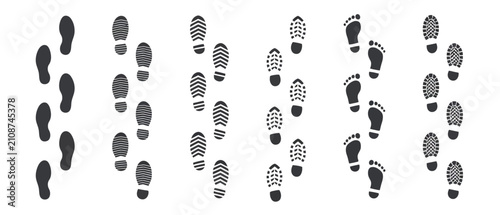Footprint icons with shoe prints walking steps and editable outline symbols for navigation tracking and vector design