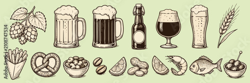 Quadro su tela Assorted beverage and snack illustrations with hops and wheat against a light gr