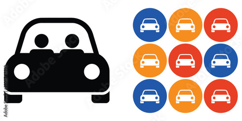 Foto Ride sharing people car icon set, shared transportation and carpool concept with vehicle and passenger symbols for sustainable mobility