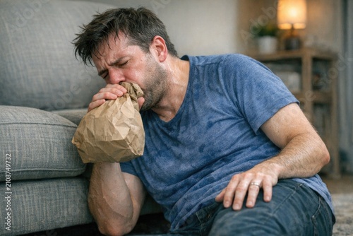A person sitting on the floor with a bag of food, a moment of simplicity and satisfaction