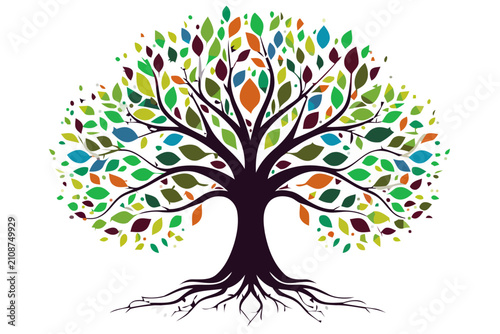 Konstfotografi Vibrant Tree of Life Illustration with Colorful Leaves and Strong Roots Represen