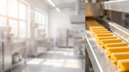 Industrial kitchen with yellow pasta on production line in factory  