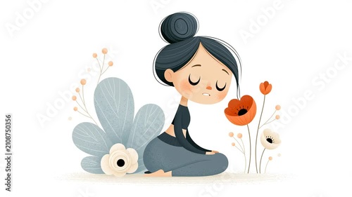 Cute cartoon girl in yoga pose, flowers and leaves flat design illustrated animation