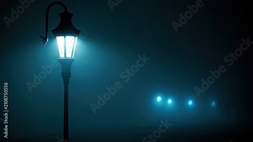 A vintage street lamp illuminates a foggy night with a soft blue glow
