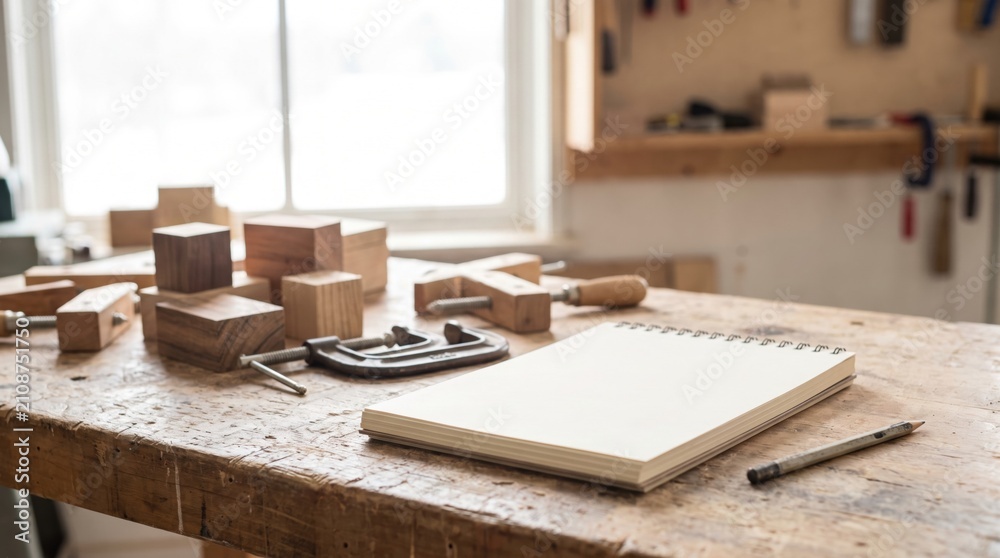 Fototapeta premium Woodworking bench featuring wooden blocks metal clamps tools and a blank spiral notebook