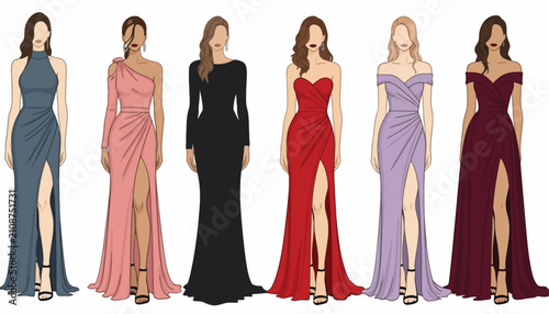Foto Fashion vector illustration of six elegant women models in various stylish eveni