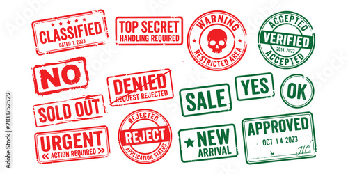 The red stamps include words like ‘CLASSIFIED,’ ‘TOP SECRET,’ ‘SALE,’ ‘WARNING,’ ‘NO,’ ‘DENIED,’ ‘SOLD OUT,’ ‘URGENT,’ and ‘REJECTED.’ The green stamps read ‘ACCEPTED,’ ‘YES,’ ‘OK,’ ‘NEW,’ and ‘APPROV